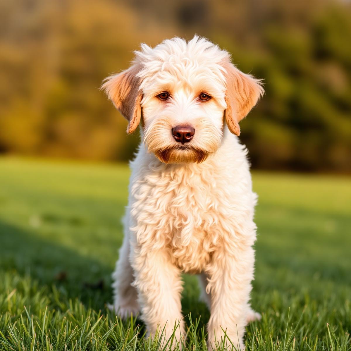 The sire, a cream Goldendoodle, standing outdoors